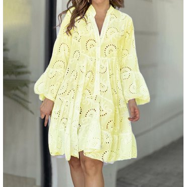 Jienlioq Robe Femme Liquidation Mode Femme Col en V Uni Broderie Patchwork Dentelle Bouton Robe Manches Longues