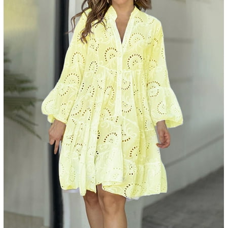 Wiyuqeen Womens Lace Hollow Out Mini Dresses Soft Trendy Notch V Neck Button Long Sleeve Dresses Cute Casual Breathable Babydoll Dresses Loose Dresses