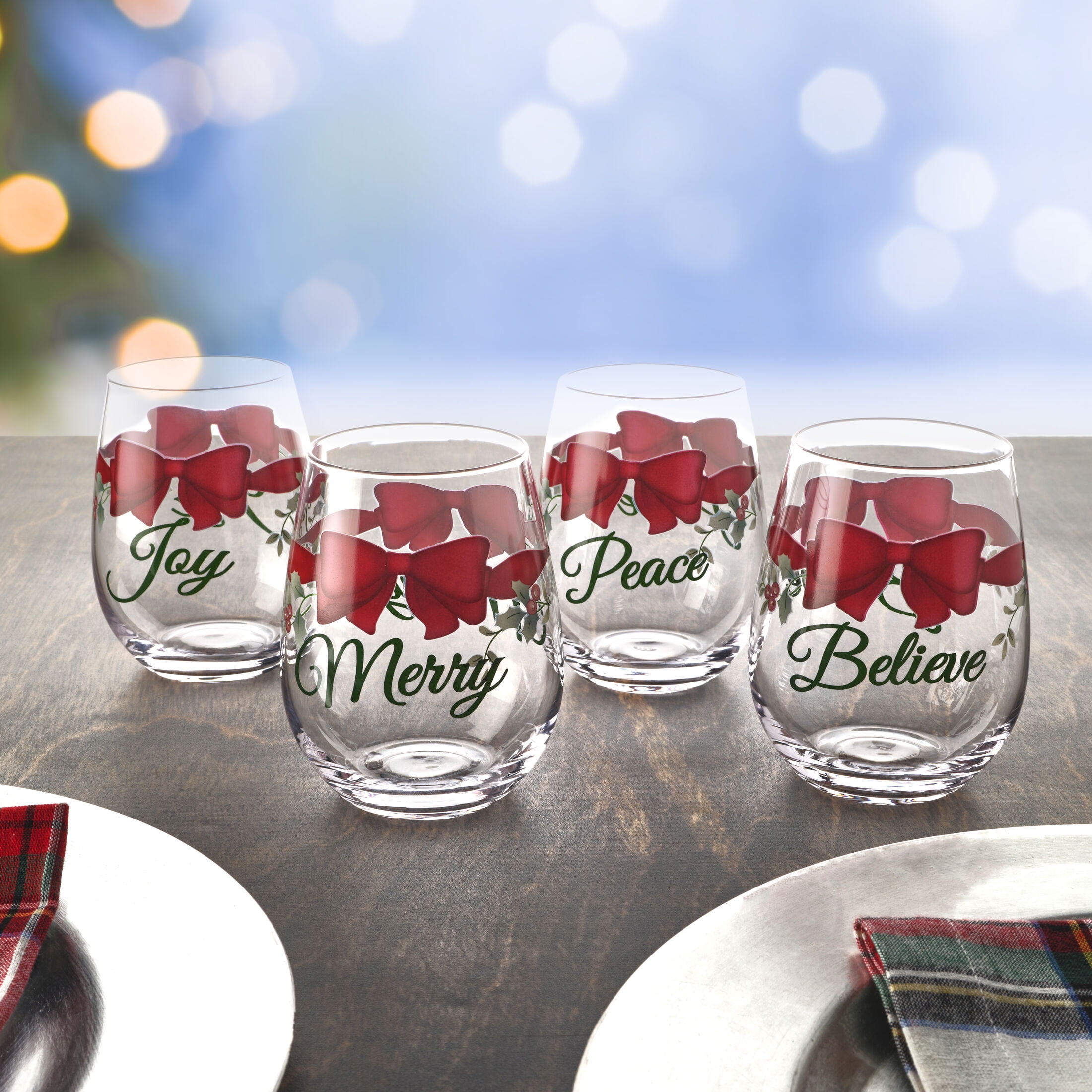 Pfaltzgraff Winterberry 19.3 oz Stemless Wine Red Ribbon Set of 4