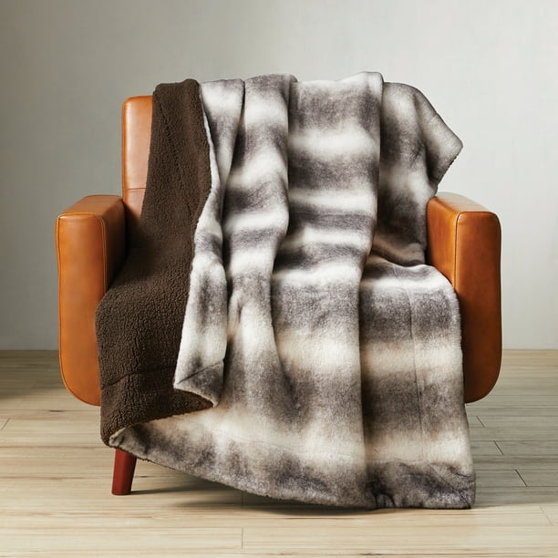 Better Homes & Gardens Wolf Brown Faux Fur and Sherpa Throw Blanket