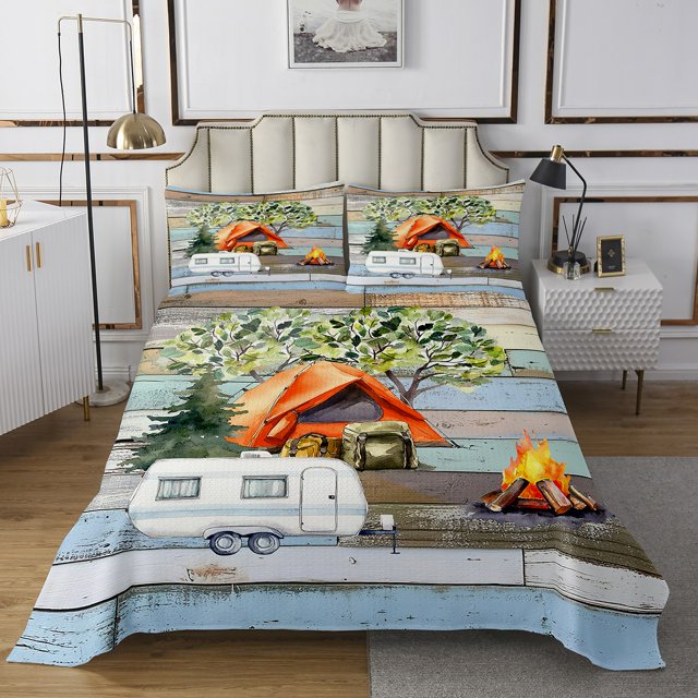 Erosebridal Happy Camping Coverlet Set Twin, RV Car Bedding Set, Rustic Theme Decor, 2pcs