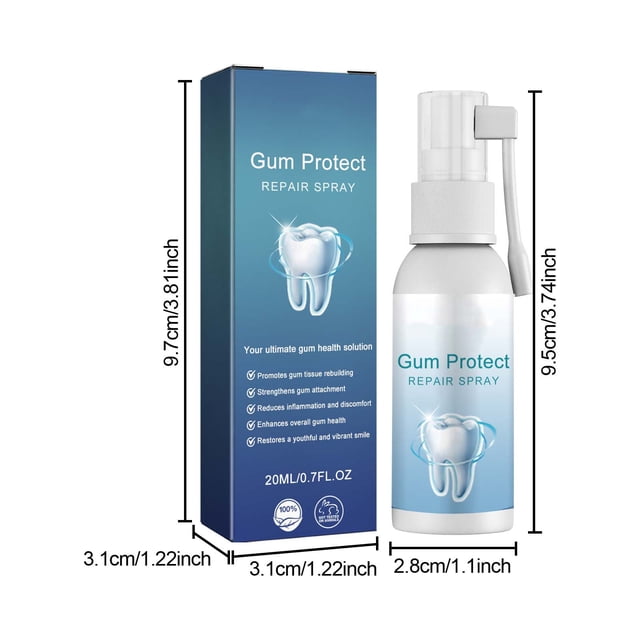 reparador dental atomizador reparación encías inflamadas limpia manchas encías blanqueamiento dientes oral 20ml frasco atomizador blanco y azul, vista frontal centrada con caja vertical azul a la izquierda; etiqueta muestra un diente ilustrado y texto 'Gum Protect Repair Spray', boquilla pulverizadora corta, acabado mate, color azul predominante y capacidad 20 ml. Ideal para cuidado dental especializado y uso en higiene bucal; también suele emplearse para mantenimiento de estética dental.