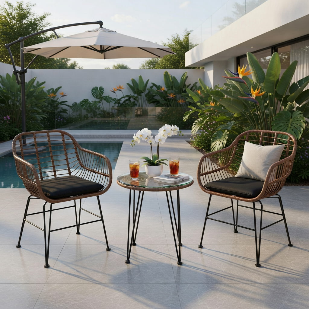 Hommoo 3-Piece Outdoor Rattan Bistro Set with Removable Cushions, Steel Frame, Tempered Glass Table, Gray