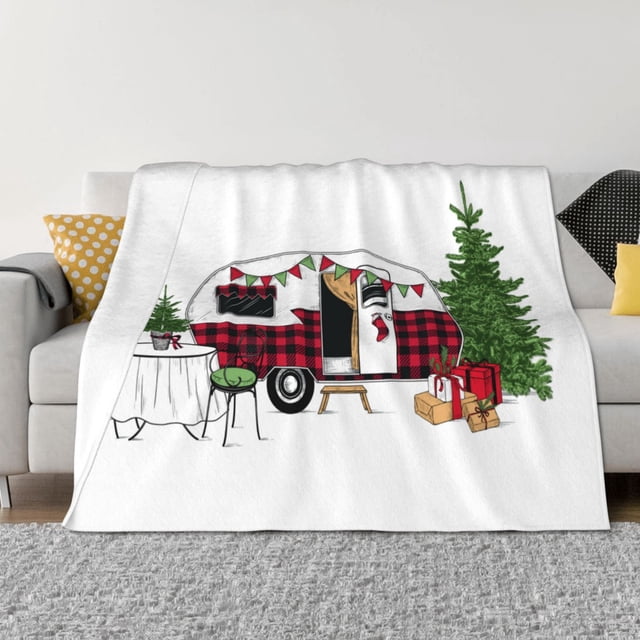 Fotbe Vintage Buffalo Plaid Christmas Camper Manta de Franela con Estampado, Manta Ultrasuave para Cama, Sofá, Auto, Hipoalergénica y Antibolitas-80"x60"