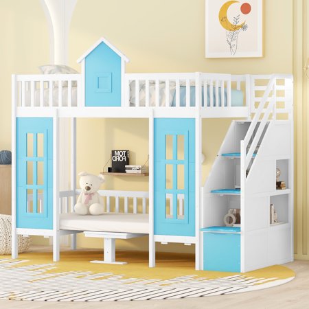 LANTRO JS Twin-Over-Twin Bunk Bed with Changeable Table   Bunk Bed Turn into Upper Bed and Down Desk with 2 Drawers - Blue