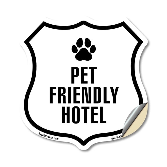 Pet Friendly Hotel (2 Pack) 6 inch X 6 inch Shield Shaped Heavy Duty 3.2 mil Vinyl Decals Weather Resistant Made in the USA