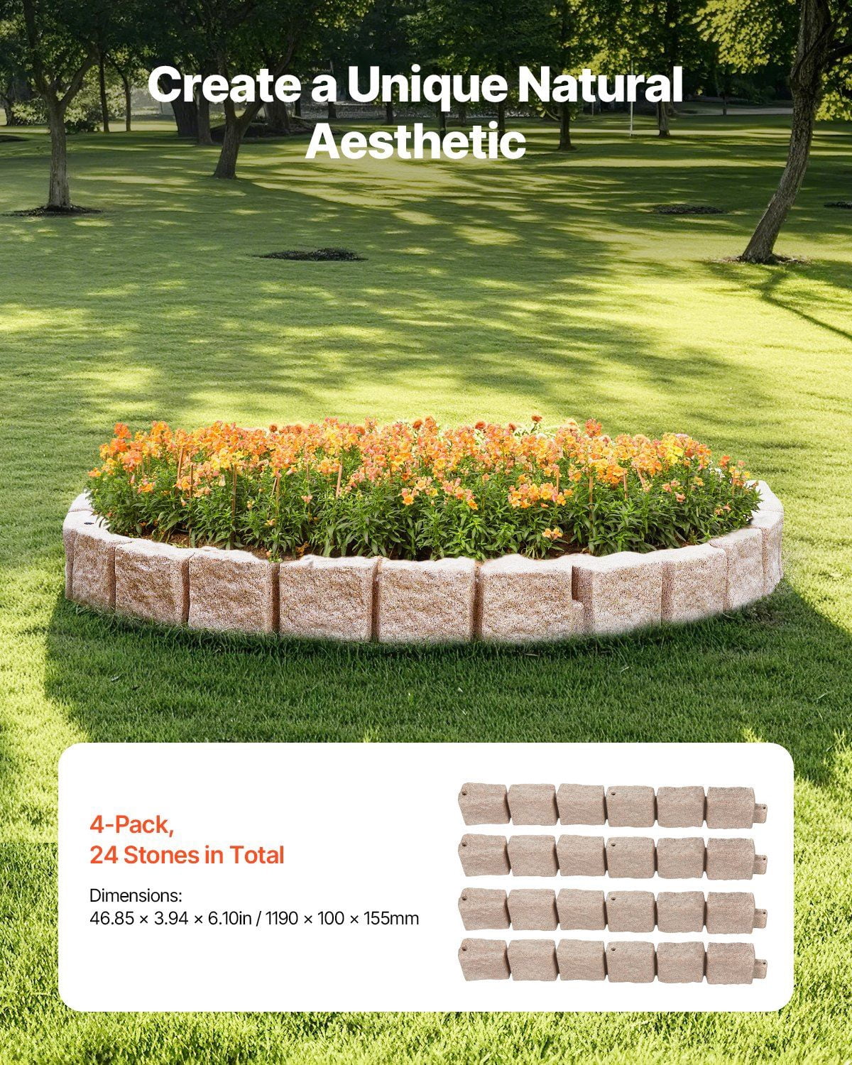 Faux Stone Landscape Edging 46.8x3.9 Inch Flexible Lawn Garden Border with Anchoring Spikes Fade Resistant Beige for Driveway Walkway