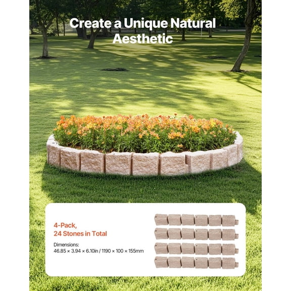 Faux Stone Landscape Edging 46.8x3.9 in Realistic Lawn Edging,Flexible Brick-Sized Garden Edging Border with Anchoring Spikes,Fade-Resistant Yard Edging for Driveways Walkway Beige