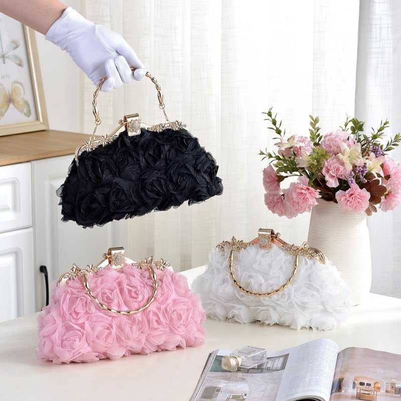Floral Lace Evening Clutch Purse, Rose Wedding Handbag with Chain Strap, Bridesmaid Dress Bag