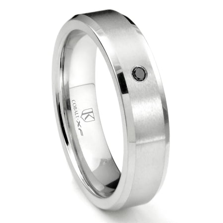 Titanium Kay Cobalt Xf Chrome 6MM Solitaire Black Diamond Brushed Comfort Fit Wedding Band Ring with Beveled Edges Sz 10.0