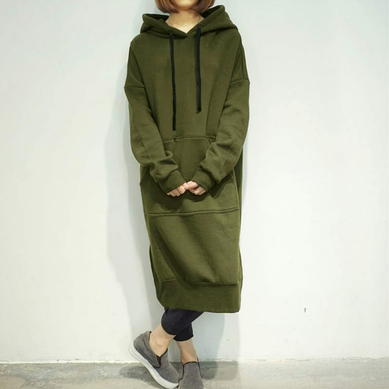 Chicuu Women Loose Hoodie Long Sweatshirt Hooded Dress Solid Long Sleeve with Pockets Army Green S Walmart