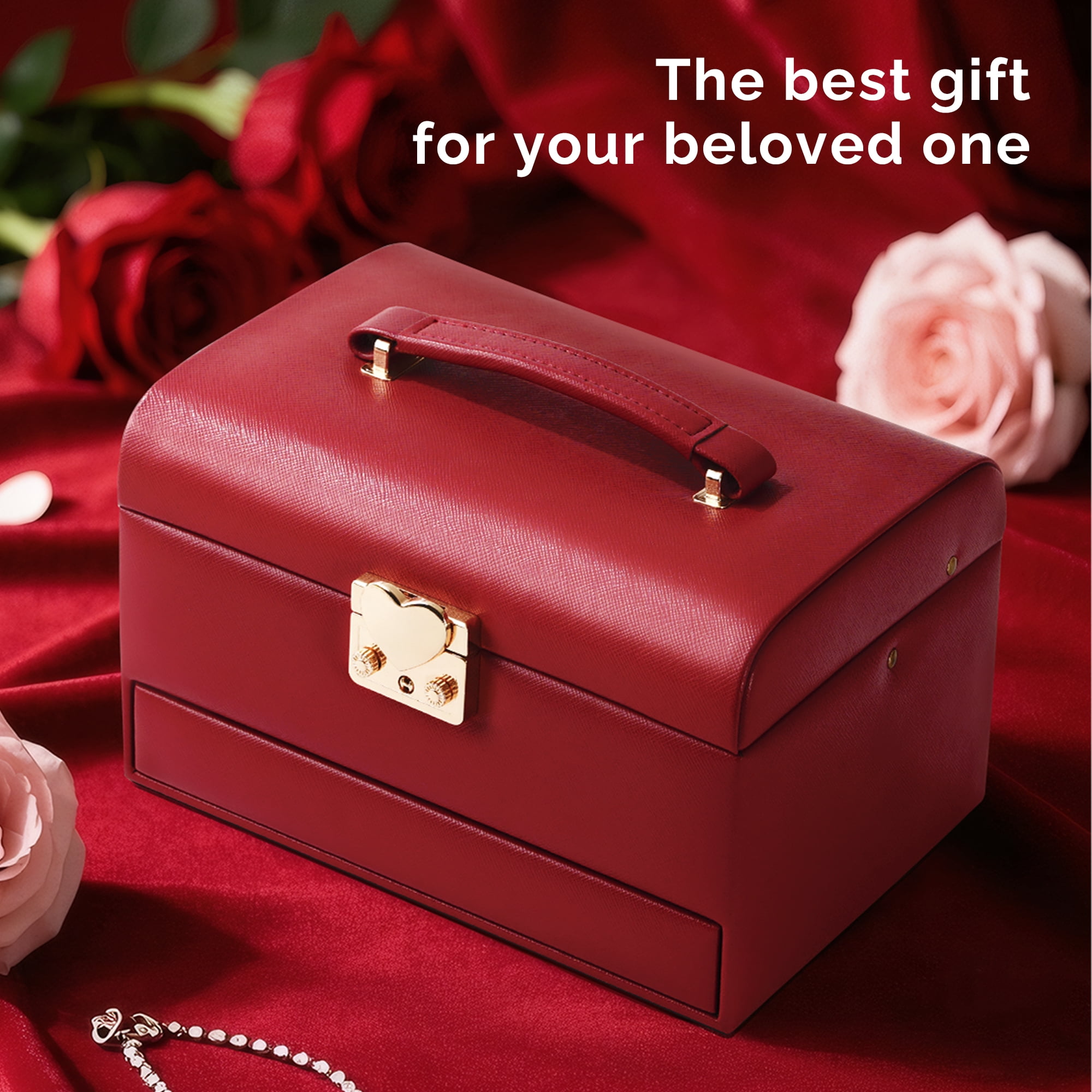 Casegrace Heart Shaped Lock Jewelry Box With Sync Open/Close Drawer, Multi-Layer Storage Case, Built-in Mirror, Portable Jewelry Organizer for Women Rings, Earrings, Necklaces, Valentine’s Day Gift