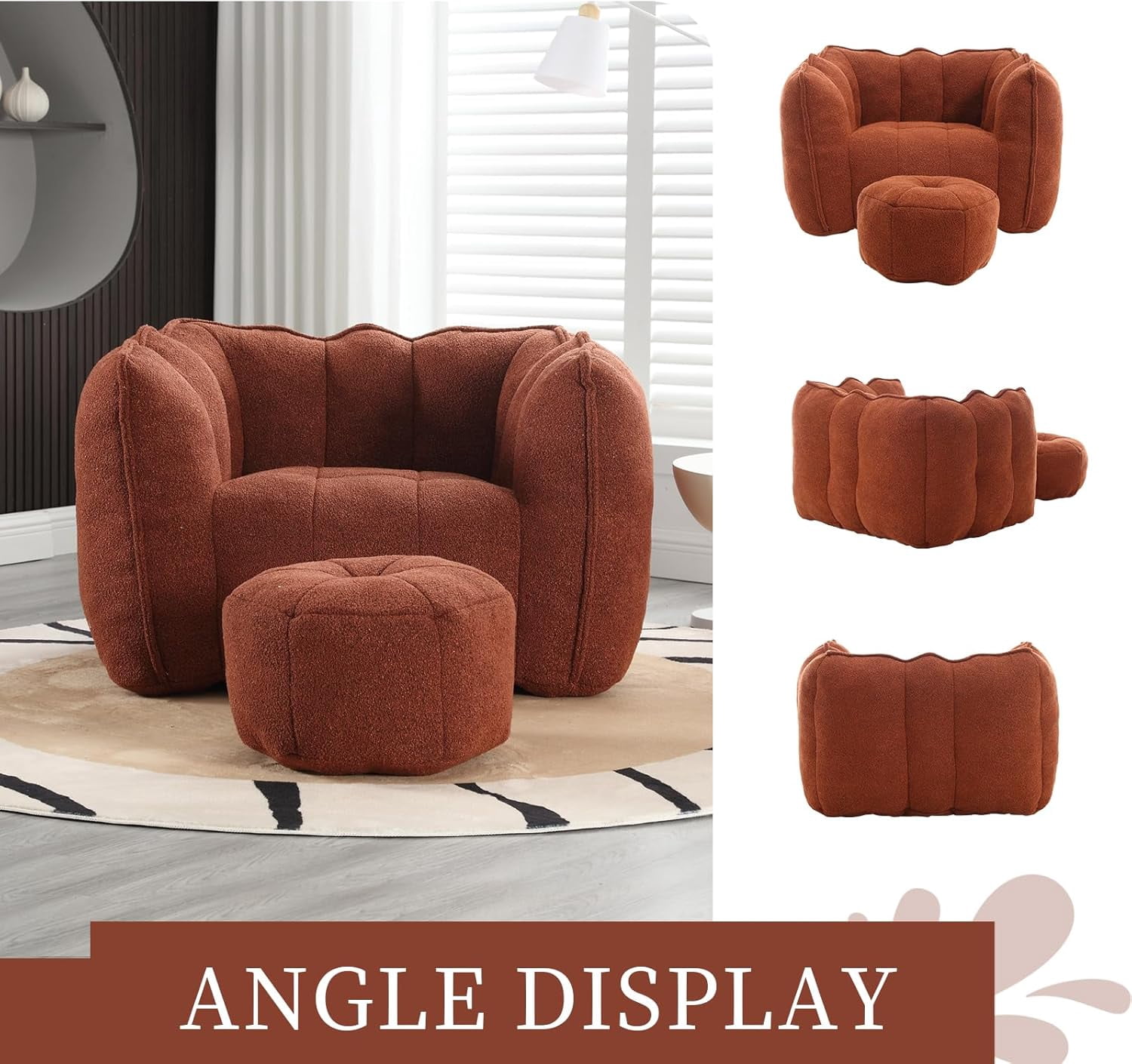 Tabaray Bean Bag Chairs with Ottoman, Bean Bag Couch for Adults, Bean Bag Sofa with High Resilient Foam, Modern Lazy Sofa Chair with Armrests for Living Room, Bedroom, Gaming Room, Apartment Brown