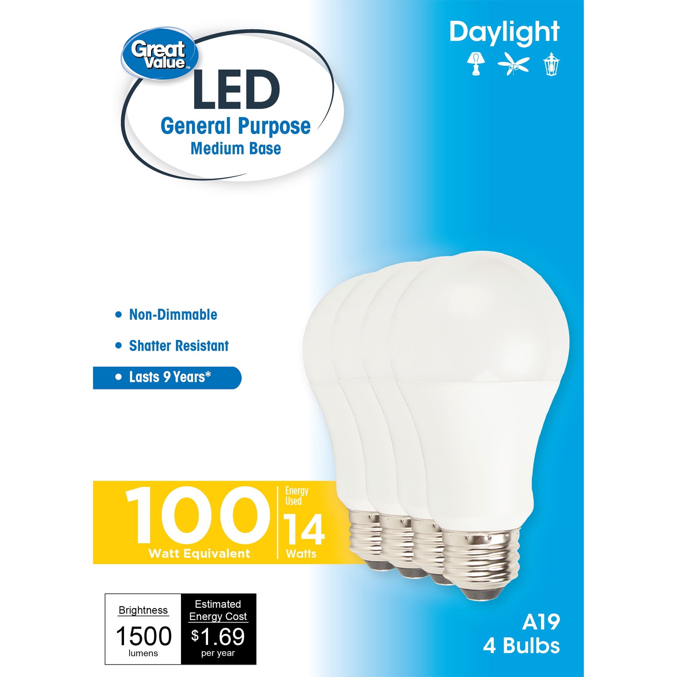 Great Value LED Light Bulb, 14 Watts (100W Equivalent) A19 General Purpose Lamp E26 Medium Base, Non-dimmable, Daylight, 4-Pack