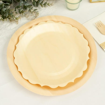 

12 Pack | 9 Natural Birch Wood Scalloped Rim Disposable Dinner Plates Eco-Friendly Biodegradable Plates