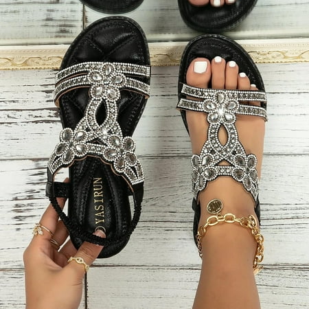 

Sandals For Women Comfort With Elastic Ankle Strap Casual Bohemian Beach Shoes Fashion Floral Casual Shoes Open Toe Low Heels Sandals