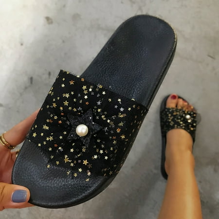 

PhoneSoap Women s Ladies Fashion Casual Lace Pearl Open Toe Outdoor Slippers Beach Shoes Black