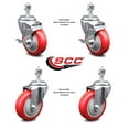 thumbnail image 2 of 4 Inch SS Red Polyurethane Swivel ½ Inch Threaded Stem Caster Set 2 Brakes SCC, 2 of 2