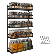 Wall Mount Spice Rack Organizer, 5 Tier Height-adjustable Spice Shelf Storage Wall Spice Rack Hanging Spice Organizer with 5 Hooks, Dual-use Seasoning Shelf Rack for Kitchen Cabinet Pantry Door