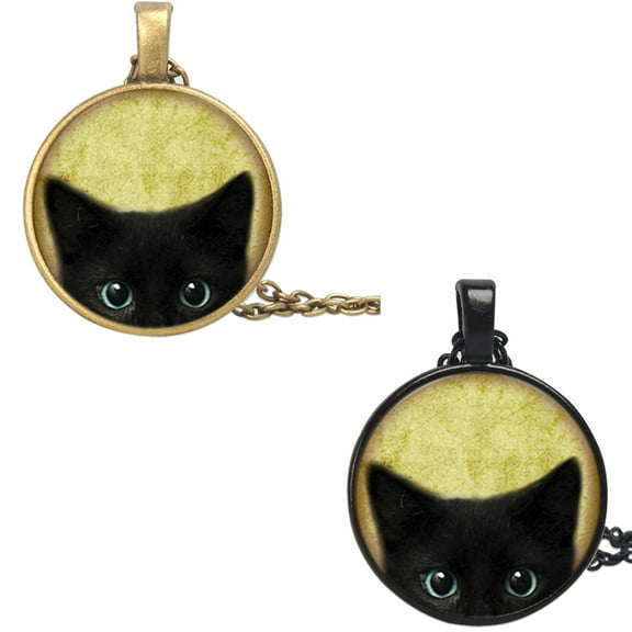 Vintage Alloy Black Cat Face Time-Treasure Necklace Set - Stylish Unisex Pendant Necklaces 2 Pcs