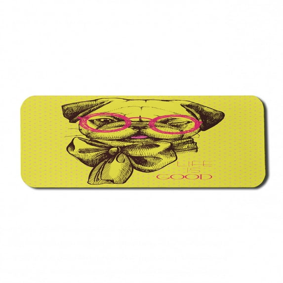 Pug Computer Mouse Pad, Intellectual Dog with Glassesd a Wink Life is Inscribed on the Background, Rectangle Non-Slip Rubber Mousepad Large, 31" x 12" Gaming Size, Yellow Pink, by Ambesonne