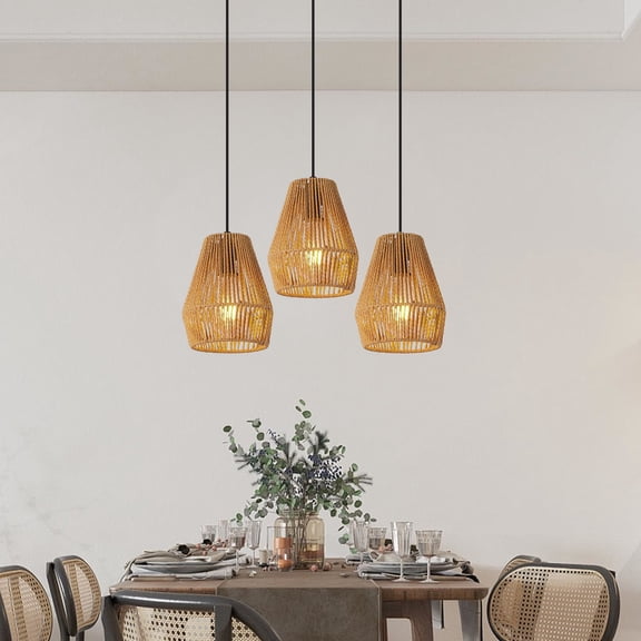 7" Rustic Hemp Rope Pendant Lights (Set of 3), Handcrafted Farmhouse Hanging Fixtures (Adjustable Height) for Kitchen Island/Dining Room/Living Room (Natural Woven Design, No Bulbs)