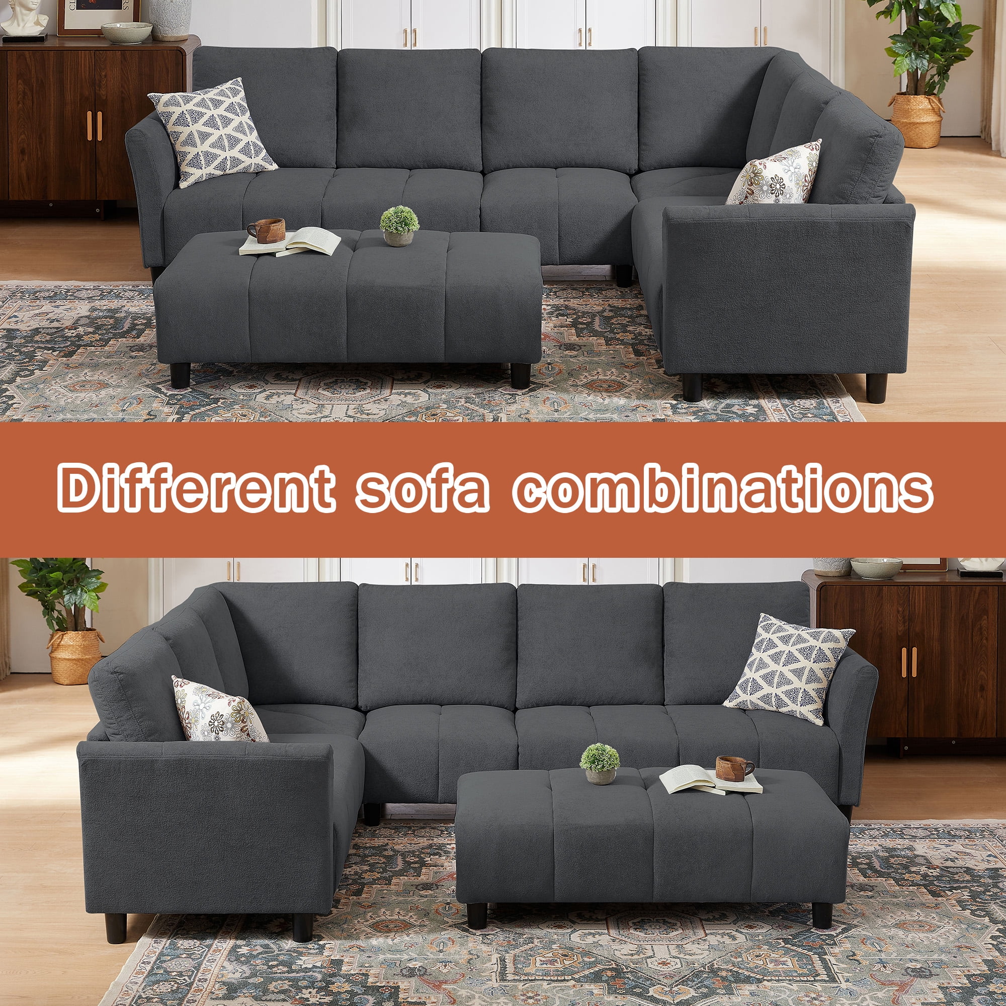 Pingliang Home 102" Convertible Sectional Sofa with Long Ottoman,Upholstered Oversized Modern 6 Seat L Shaped Couch Corner Sofa with Back Cushions for Living Room Apartment Office Studio