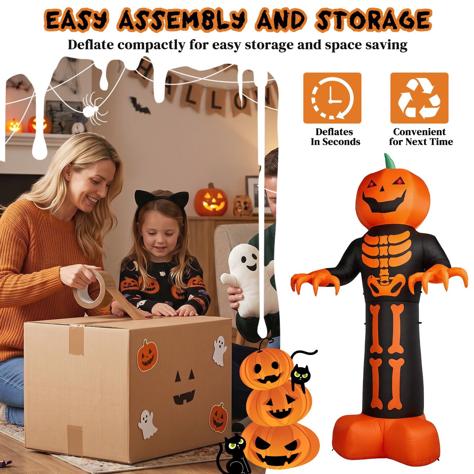 12FT Inflatable Grim Reaper with Skeleton Ribs Pumpkin 115 String Lights 3 LED for Halloween Yard Decor