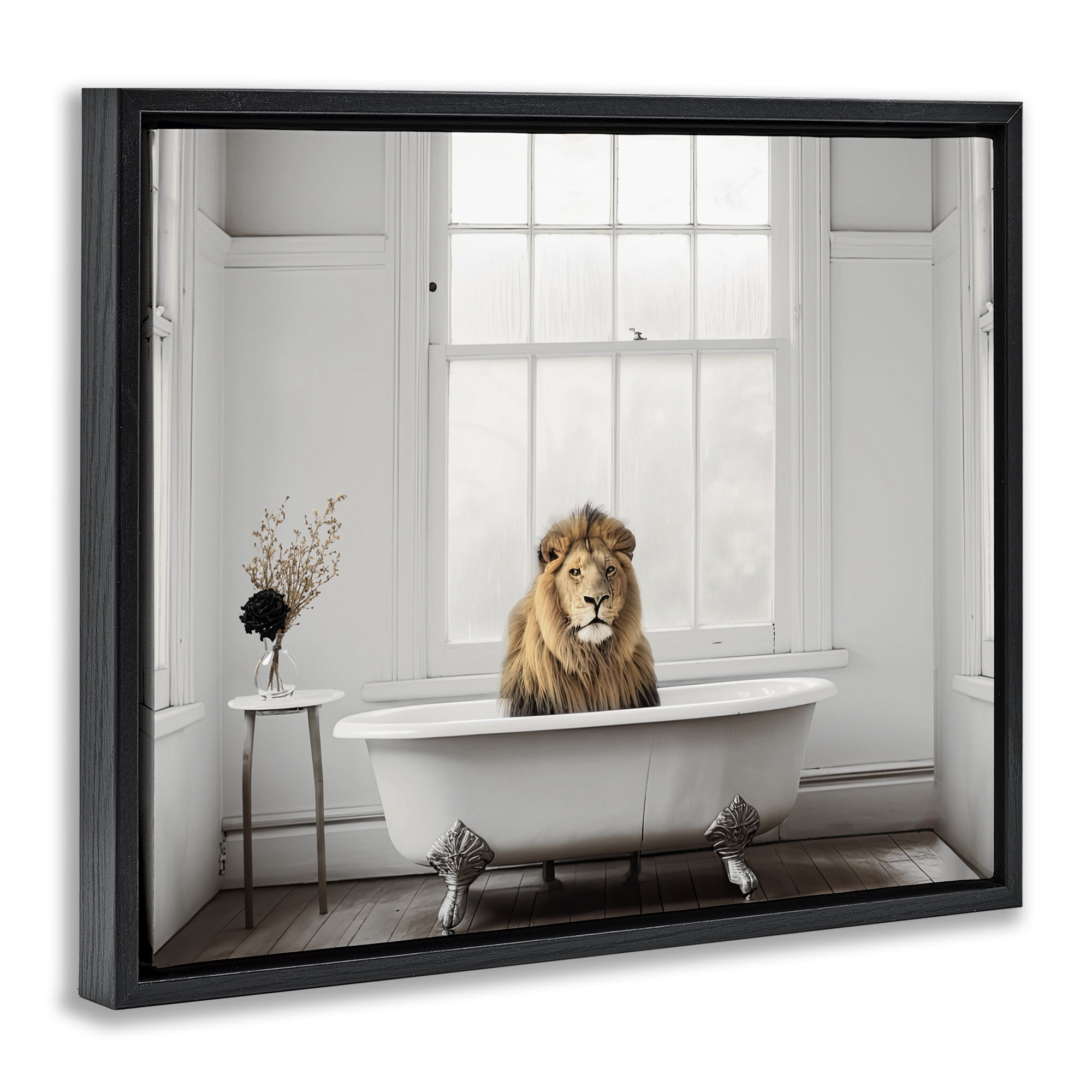 Minimalist Lion Bathtime Black Framed Floater Canvas Wall Art, design by Sasha