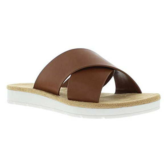 Izod Amber Flat Engineered Leather Slip on Sandals for Women, Memory Foam Summer Slides, Black S