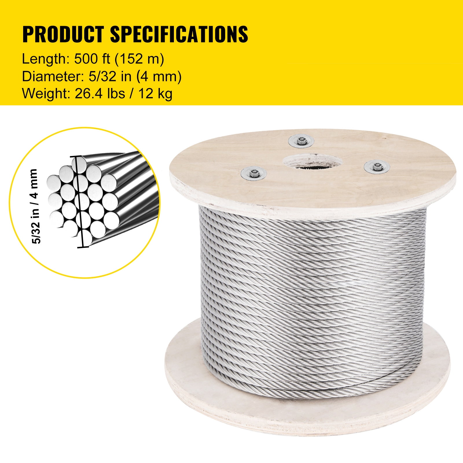 KFFKFF 316 Stainless Steel Wire Rope 500FT Stainless Steel Cable 5/32 Inch 1x19 Steel Cable for Railing Decking DIY Balustrade (500FT)