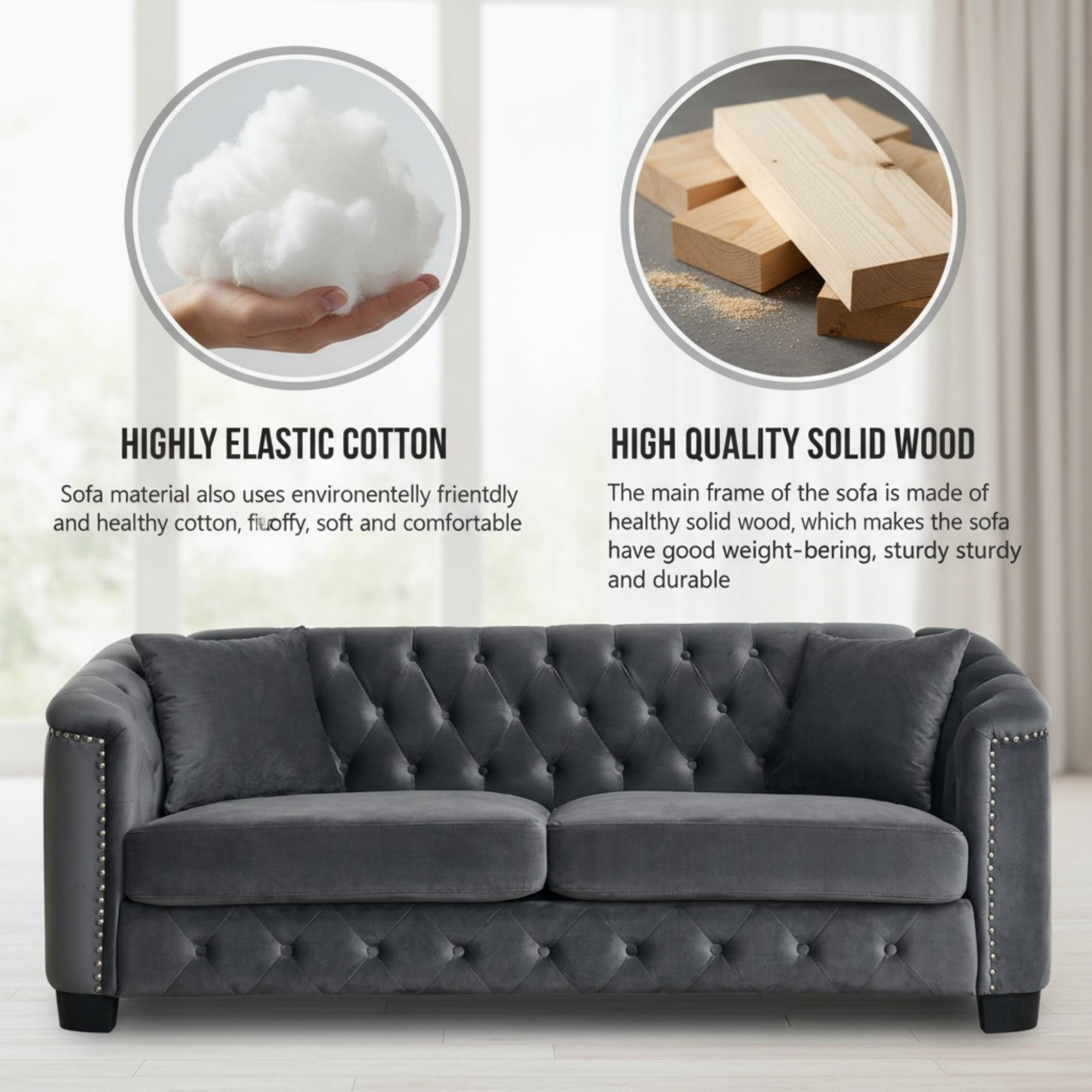 Sailvan 77" Modern Chesterfield Velvet Sofa, 3-Seater Tufted Upholstered Couch with Nailhead Trim & 2 Pillows for Living Room, Office Grey