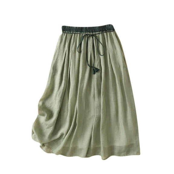 Mrat Skater Skirts Women's Summer Solid Elastic Waist Cotton Linen Ankle Skirt Front Drawstring Maxi Skirts S-35 Green XXL