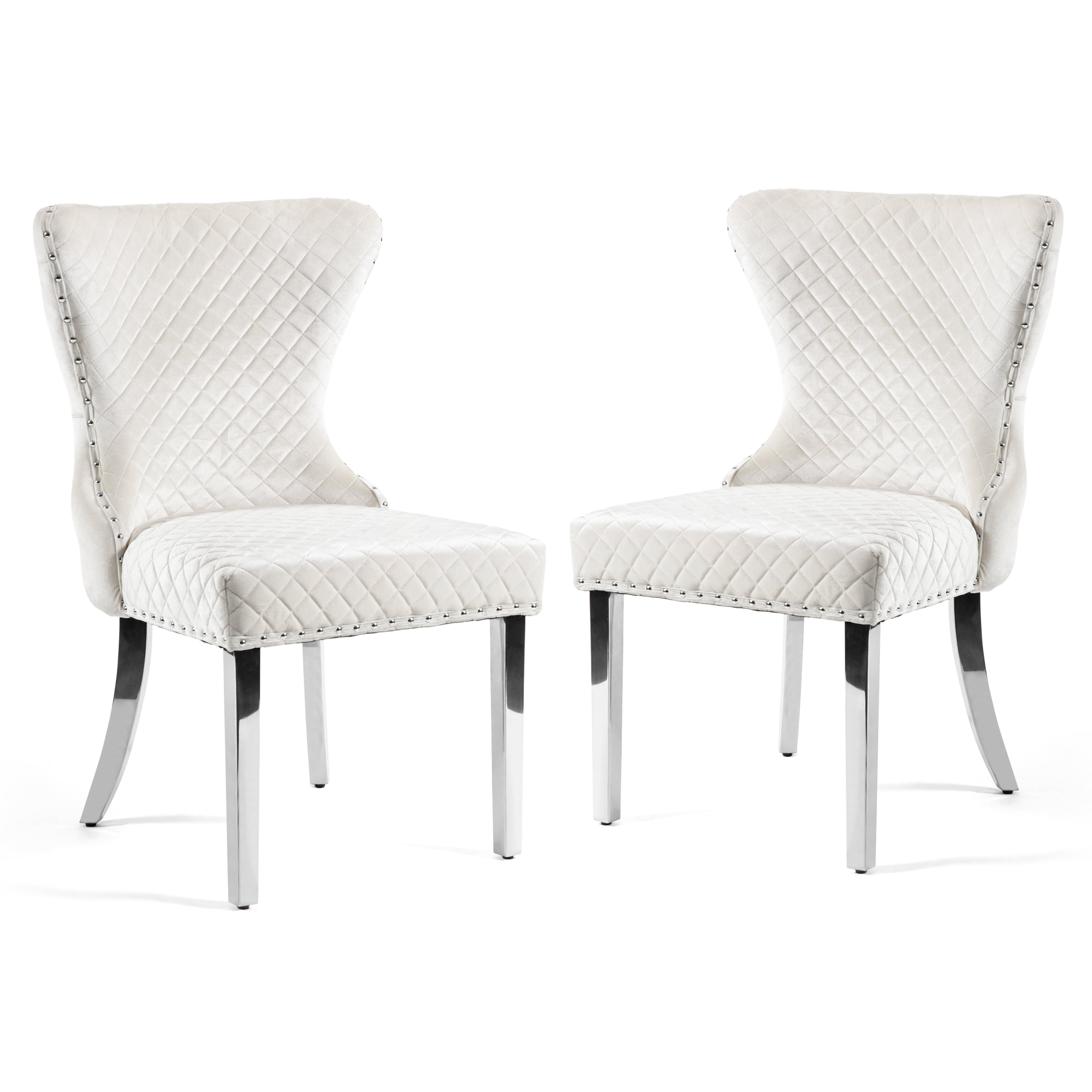 Furniture of America Vera Glam Nailhead Trim Dining Chairs, White and Chrome (Set of 2)