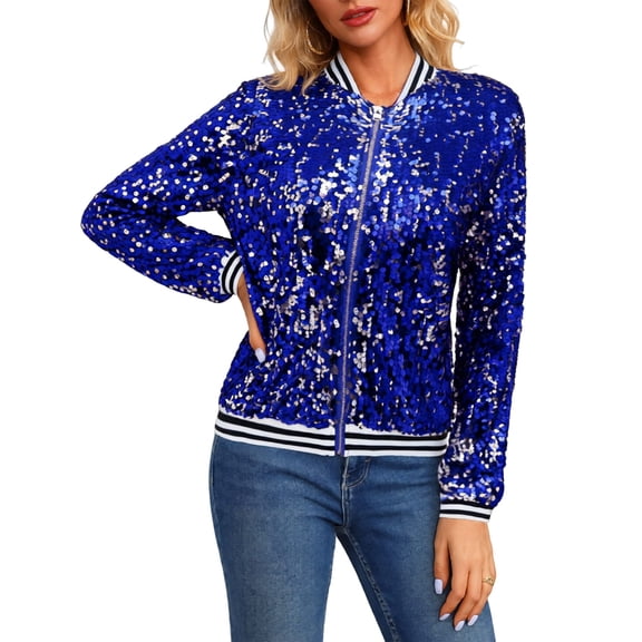Womens Sparkle Baseball Jacket Sequin Shimmer Jacket Coat Long Sleeve Glitter Shiny Baseball Jacket Outerwear Blue L