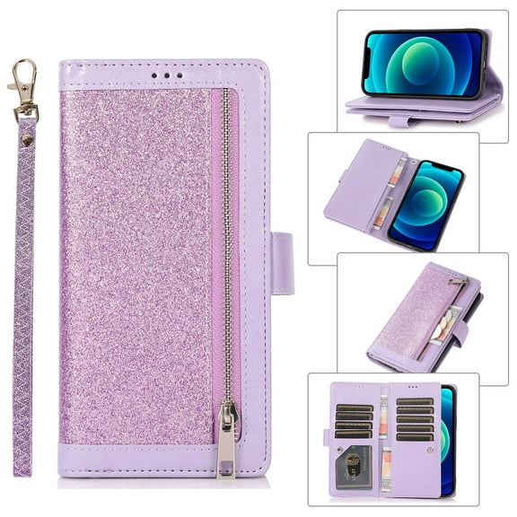 iPhone 13 Pro Case, Allytech [9 Card Holders] Bling Glitter PU Leather Flip Stand Wallet Case with Money/Cash Pocket Full Protection Sparkly Hand Strap Purse Case for iPhone 13 Pro (2021 6.1"), Purple