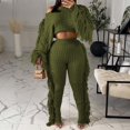 thumbnail image 4 of Gibobby Sudaderas de Forro Polar y Pantalones Conjunto casual de suéter con flecos de manga larga de punto sólido para mujer(Verde,XL), 4 of 5