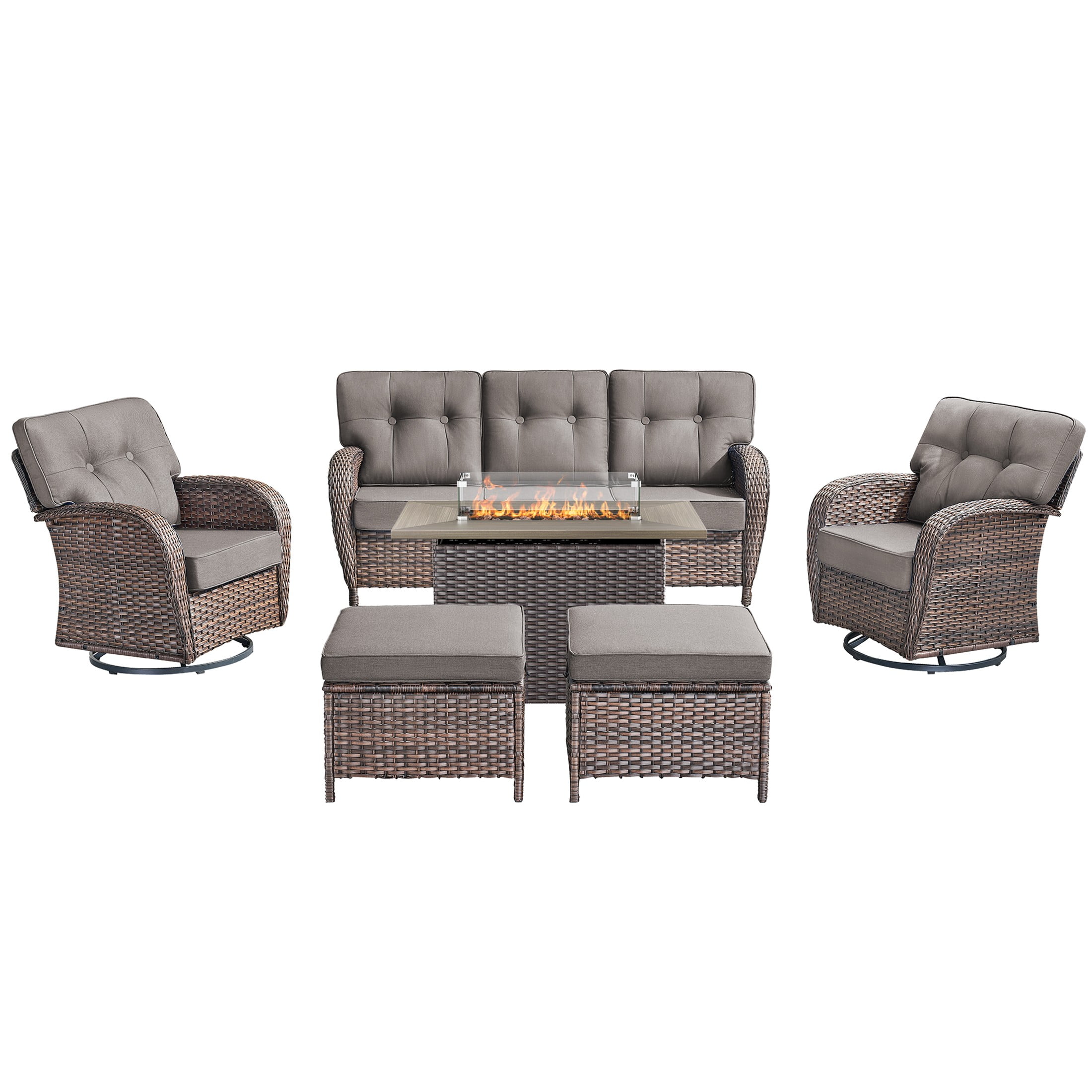 Unnifurnzi 6 Pieces Patio Furniture with Fire Pit-High Back Outdoor Wicker Sofa with Patio Swivel Glider Chair Outdoor Conversation Sets for Deck Porch Garden Balcony Poolside-Brown/Gray
