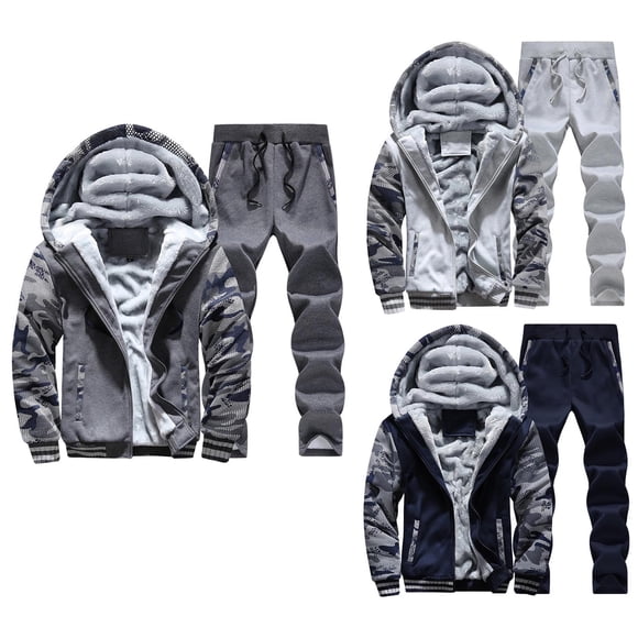 YOIAVAIOY Men Camo Track Suit Warm Fleece Sweatsuit Zip Hooded Jacket and Long Pants 2 Piece Set Tactical Outdoor Tracksuit Hiking Matching Sets Dark Blue XL