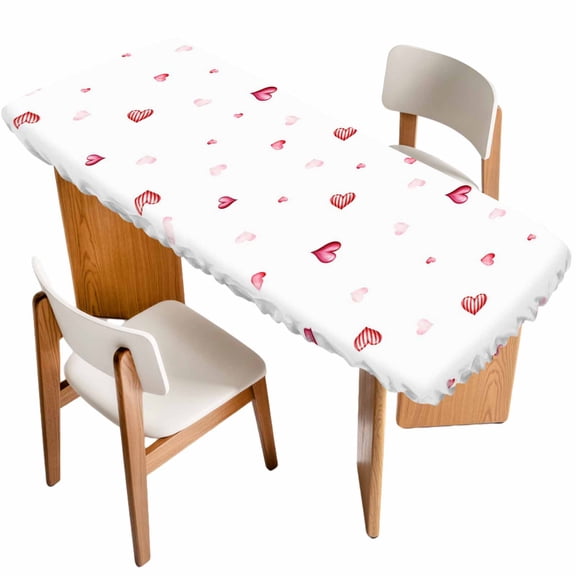 Valentine's Day Table Cloths for 8 Foot Rectangle Tables, Red Love Heart Romantic Watercolor Patio Waterproof Elastic Fitted Tablecloths, Washable Rectangular Table Cover for Camping