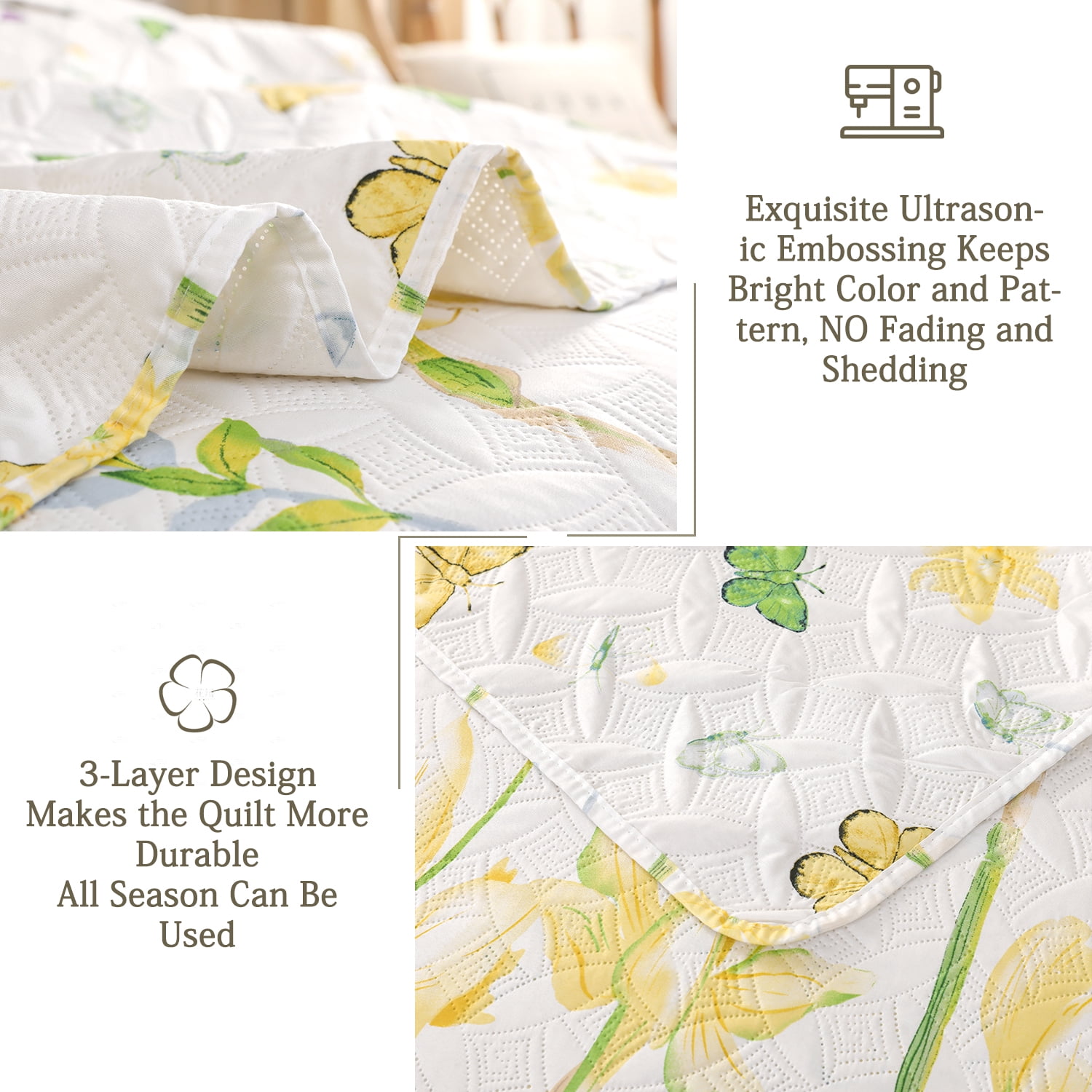 Green Essen 3 Pcs Yellow Floral Lilac Quilts King Green Leaves Microfiber Bedspread