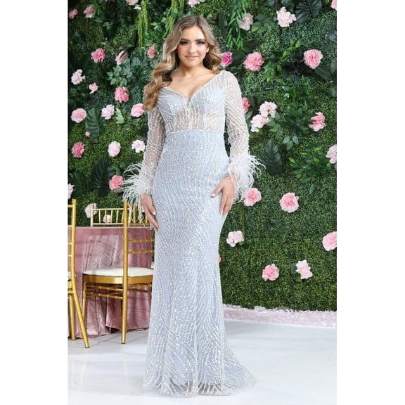 Royal Queen RQ8043 Juniors Womens V-Neck Fitted Beaded Sheath Gala Gown