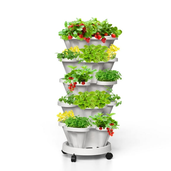 Strawberry Vertical Planters 5 Tiered, Stacking Tower Garden, Stackable Herb Vegetable Planters with Movable Casters and Bottom Saucer Indoor and Outdoor - White