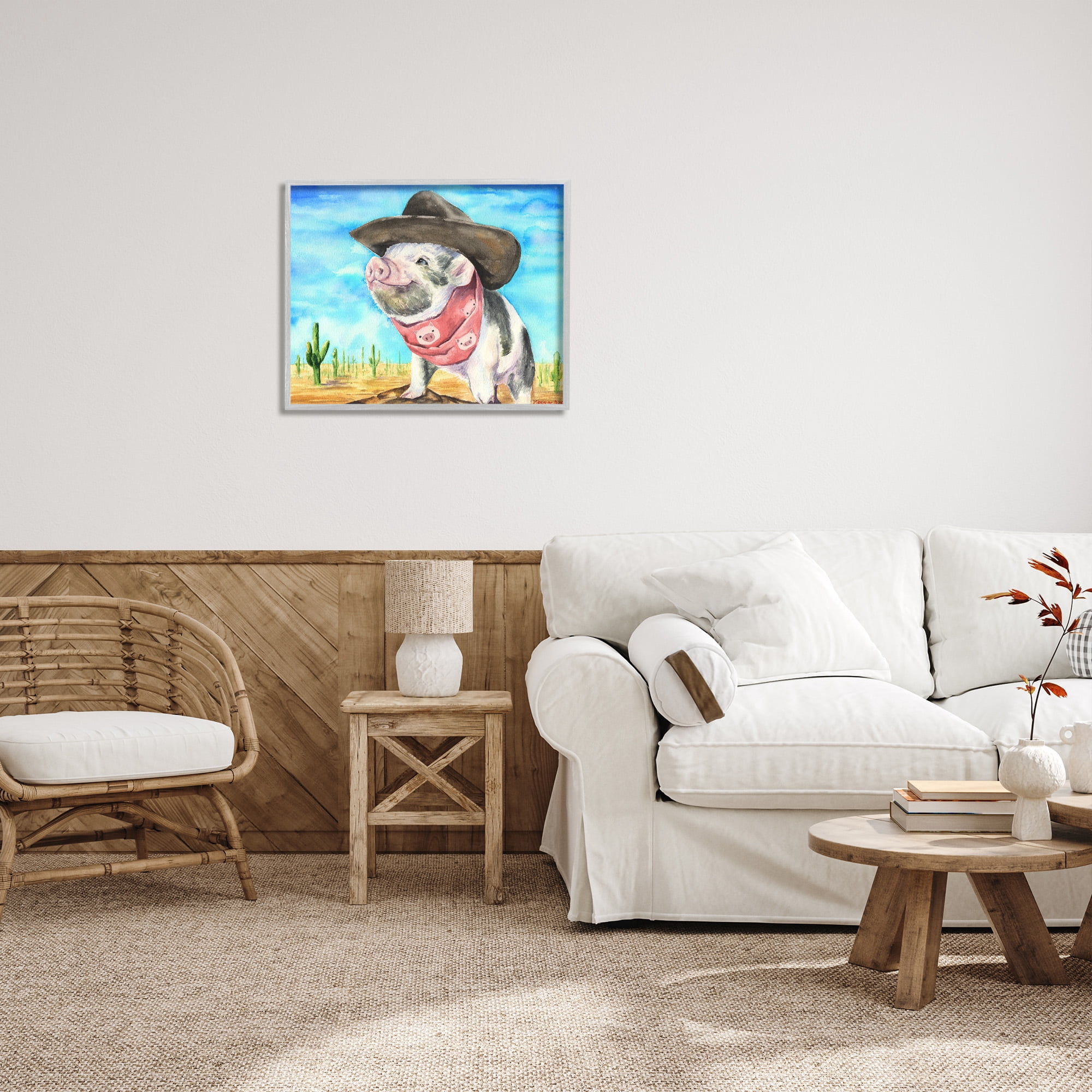 Stupell Industries Wild West Cowboy Pig Animals & Insects Painting Gray Framed Art Print Wall Art, 30 x 24