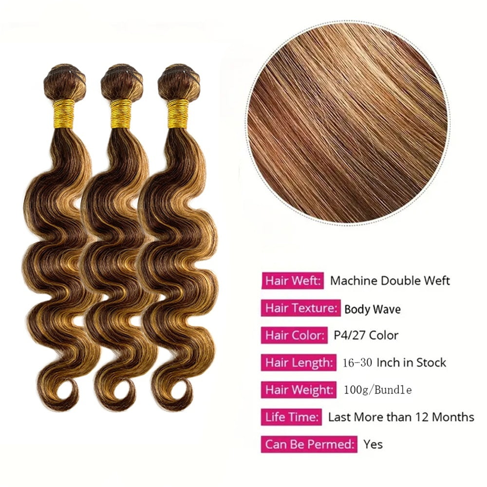 Highlighted Body Wave Bundles with Frontal, P4/27 Color Brazilian Human Hair Double Weft Bundles with 13x4 Lace Frontal