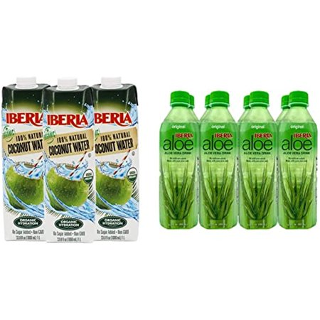 Iberia 100% Pure Organic Coconut Water, 1 Liter , 33.8 Fl Oz (Pack Of 3) + Iberia Aloe Vera Juice Drink With Pure Aloe Pulp, Original, 16.9 Fl. Oz. (Pack Of 8)