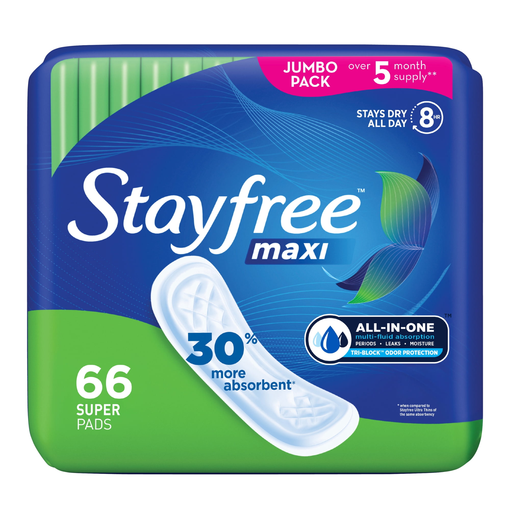 Stayfree Maxi Super Pads Wingless, Unscented, 66 Ct, Absorbs 30% More, Multi-Fluid Absorption, Comfortably Dry for up to 8 Hours