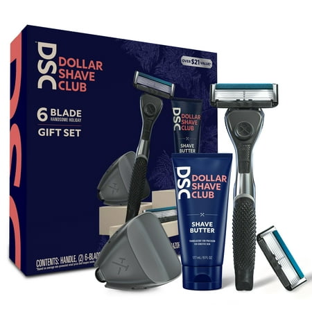 ($21 Value) Dollar Shave Club 6 Blade Handsome Holiday Gift Set (Handle, 6-Blade Cartridges x 2, Shave Butter, Razor Cover) 5 Ct