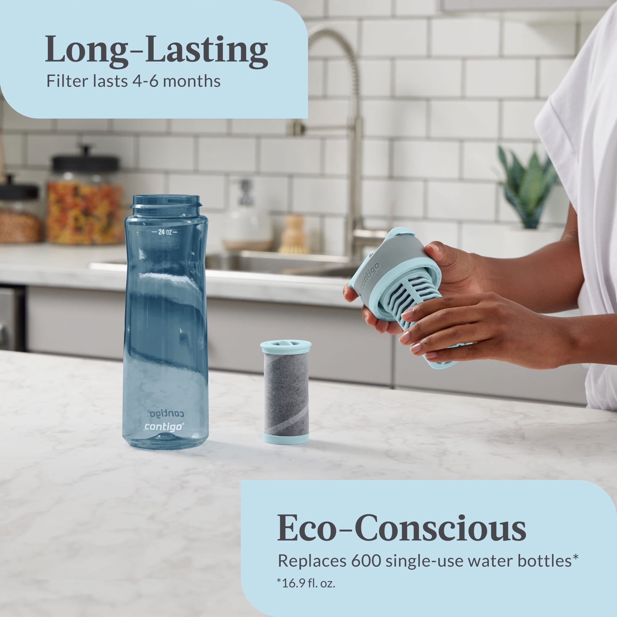 Contigo Clybourn Plastic FreeFlow Filter Water Bottle with AUTOSEAL Lid 24 oz., Dark Ice, with Replacable Filter
