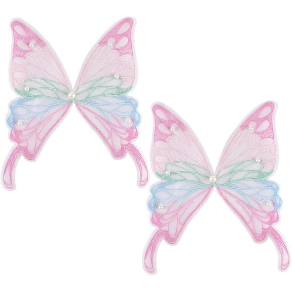 2Pcs Large Pink Butterfly Lace Patches Embroidered Iron on Butterflies Sew on Sheer Appliques Embroidery Pearl Beaded Applique Trim Bulk for Sewing Making Wedding Bridal Dress Bag Craft DIY